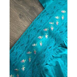 Vanity Fair Womens Teal Nylon Robe Rosebud Floral Lace Long Nightgown Small Squa